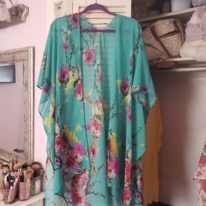 Pink Floral Turquiose Kimono